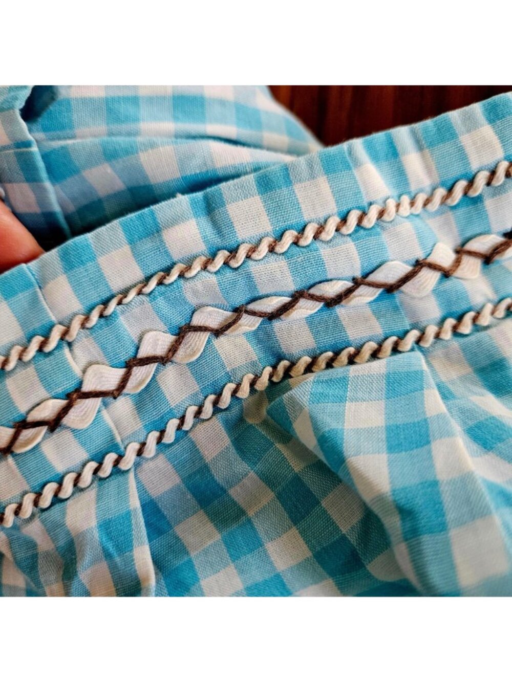 Vintage Handmade Turquoise Gingham Half Apron Hand Embroidery Rickrack Cotton - Picture 5 of 16